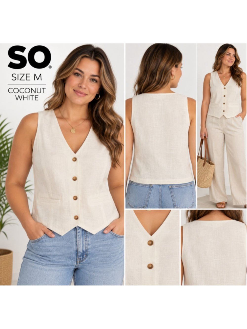 NWT So Linen Blend Button-Front Vest Cream White Size Medium